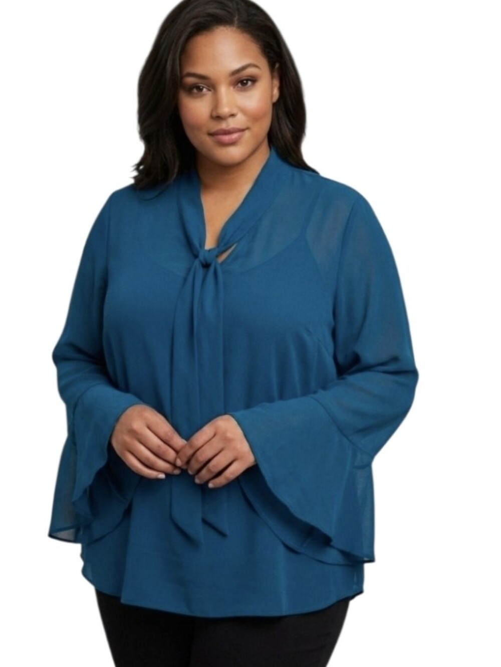 Alyx Teal Tie-Neck Long-Sleeve Semi-Sheer Blouse